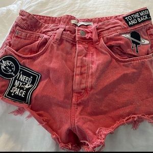 Zara Red Denim Cut Off Shorts Space Themed 6